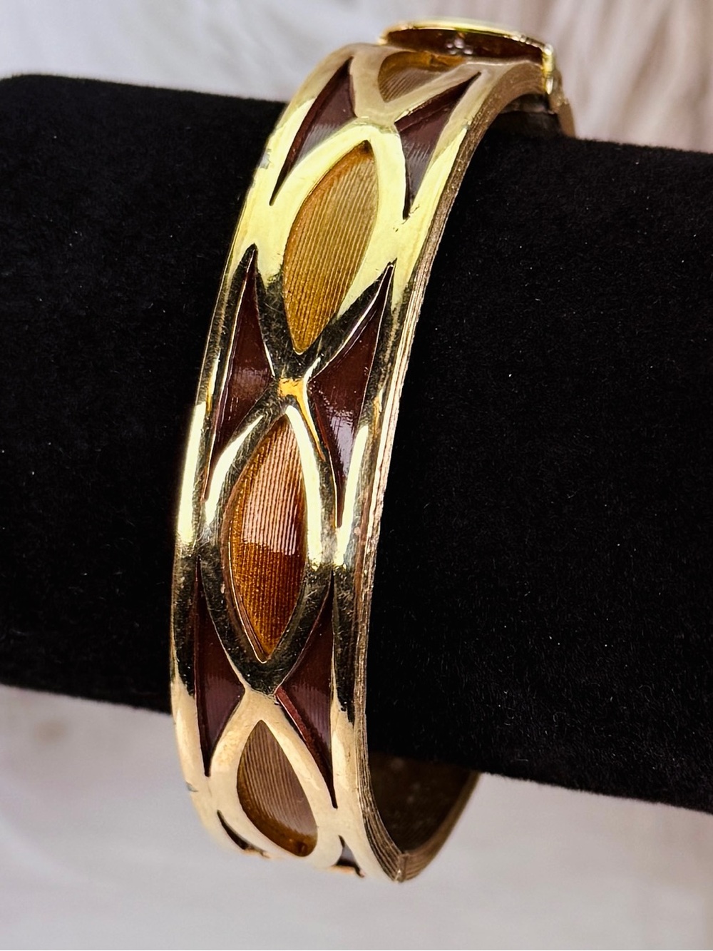 Vintage Napier Goldtone Brown Enamel Hinged Bangle Bracelet Signed